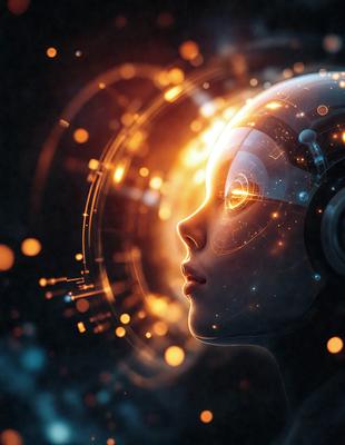 The primary subject of the image is a close-up of a woman's face, with a futuristic, digital art style. The setting is a dark, space-like environment, and the visual style is a combination of photo and digital art. The colors and mood of the image are predominantly dark and mysterious, with a hint of brightness from the digital art elements.